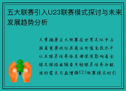 五大联赛引入U23联赛模式探讨与未来发展趋势分析