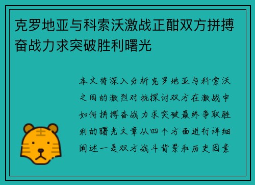 克罗地亚与科索沃激战正酣双方拼搏奋战力求突破胜利曙光