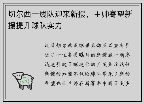 切尔西一线队迎来新援，主帅寄望新援提升球队实力
